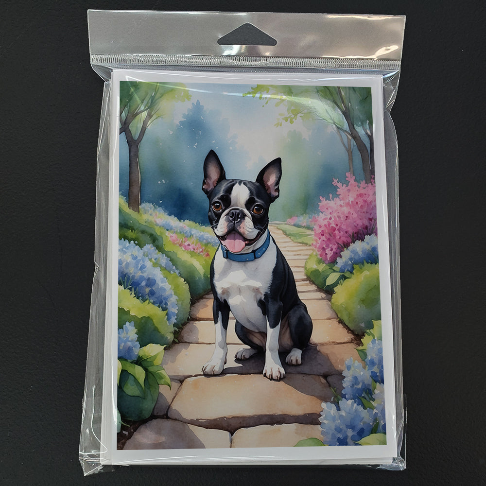 Boston Terrier Spring Path Greeting Cards Pack of 8 Blank Cards with Envelopes Whimsical A7 Size 5x7