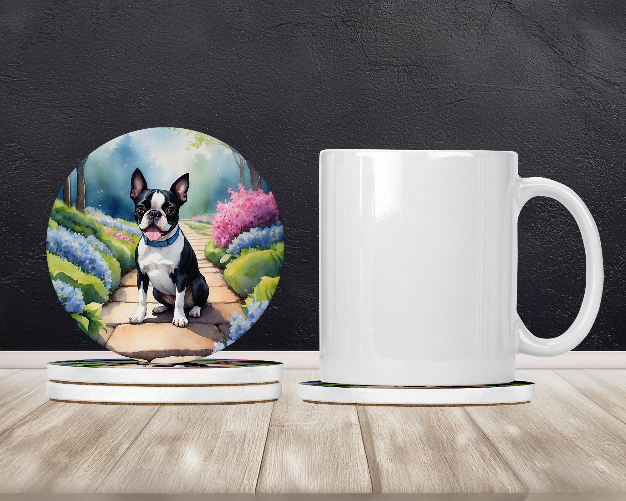 Boston Terrier Spring Path Large Sandstone Coasters Pack of 4 Absorbent Round Coasters Decor Gifts for Men or Women, 4 in, Multicolor