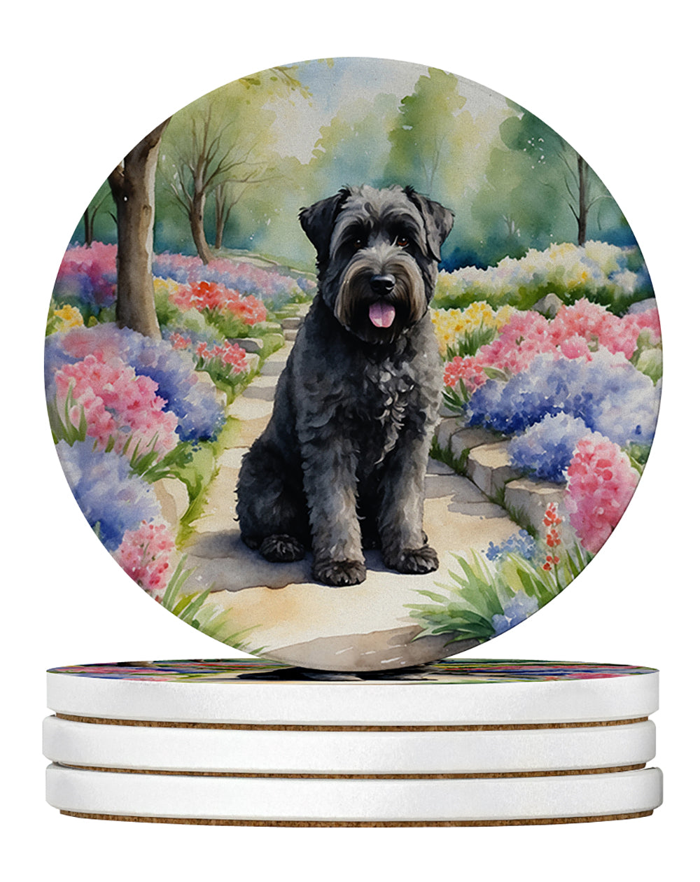 Bouvier des Flandres Spring Path Large Sandstone Coasters Pack of 4 Absorbent Round Coasters Decor Gifts for Men or Women, 4 in, Multicolor