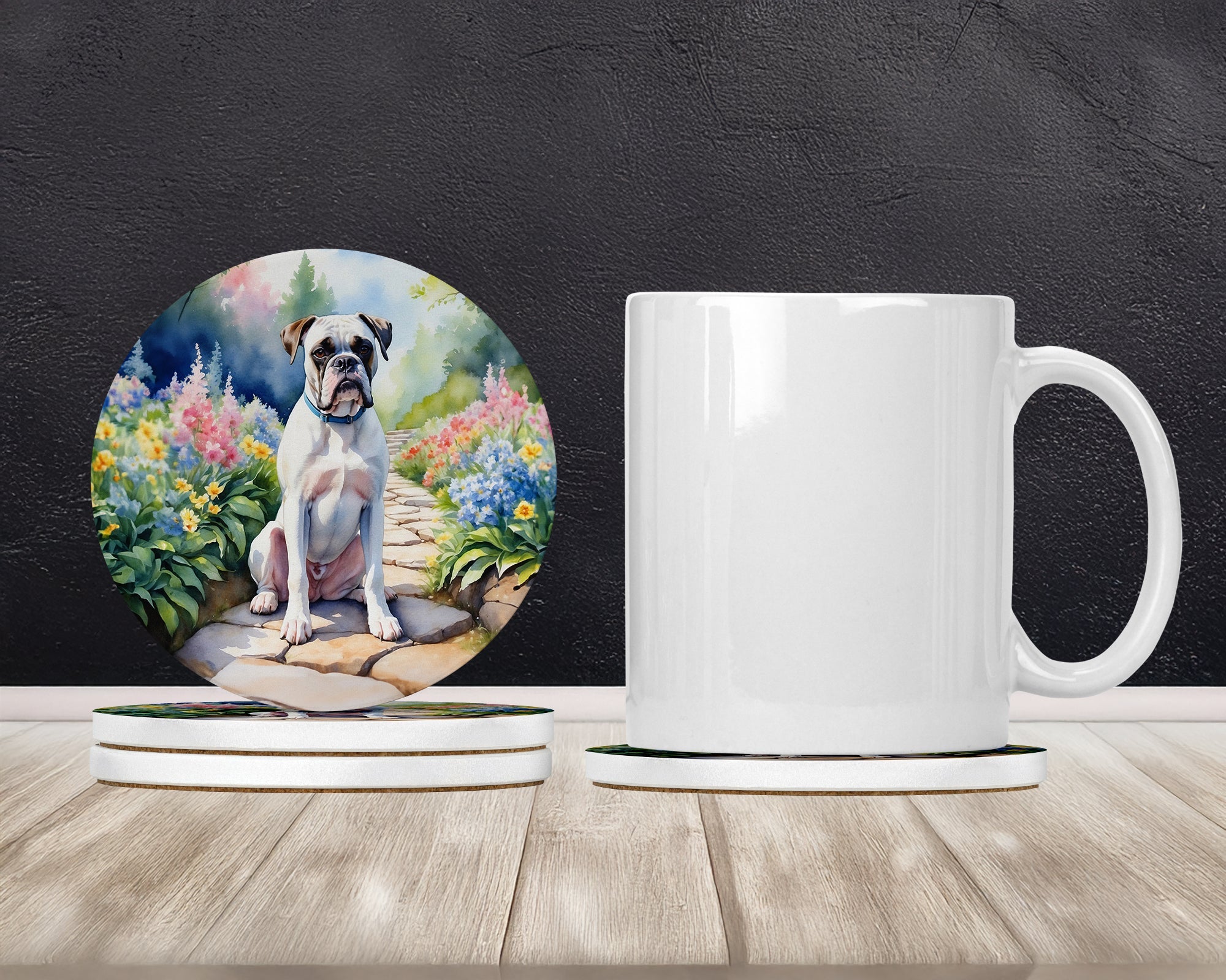 White Boxer Spring Path Large Sandstone Coasters Pack of 4 Absorbent Round Coasters Decor Gifts for Men or Women, 4 in, Multicolor