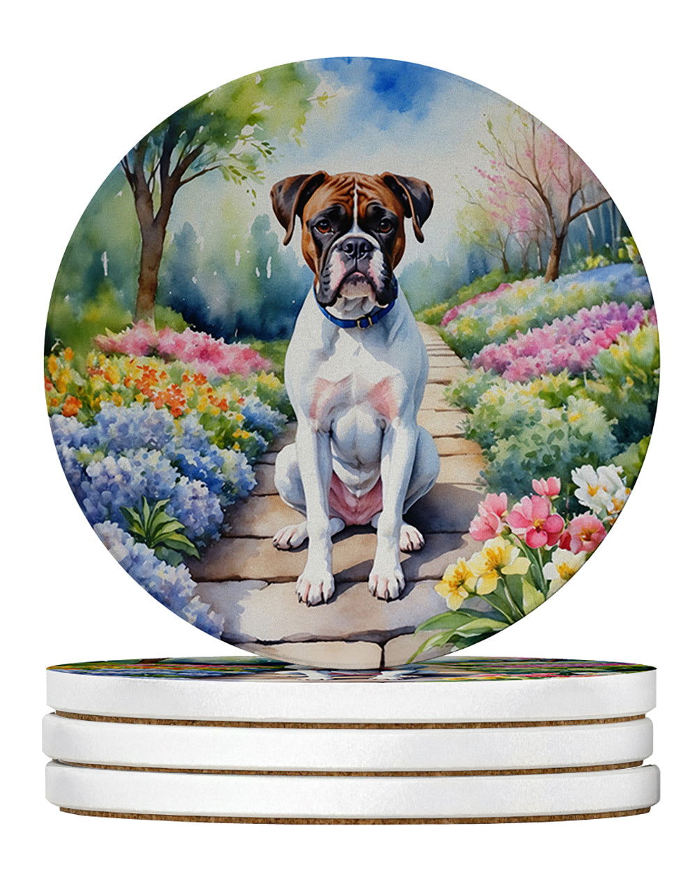 Boxer Spring Path Large Sandstone Coasters Pack of 4 Absorbent Round Coasters Decor Gifts for Men or Women, 4 in, Multicolor