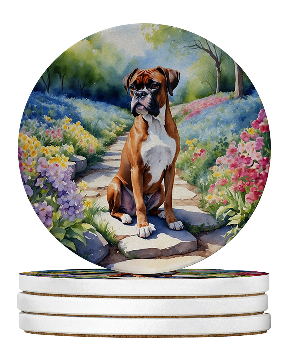 Boxer Spring Path Large Sandstone Coasters Pack of 4 Absorbent Round Coasters Decor Gifts for Men or Women, 4 in, Multicolor