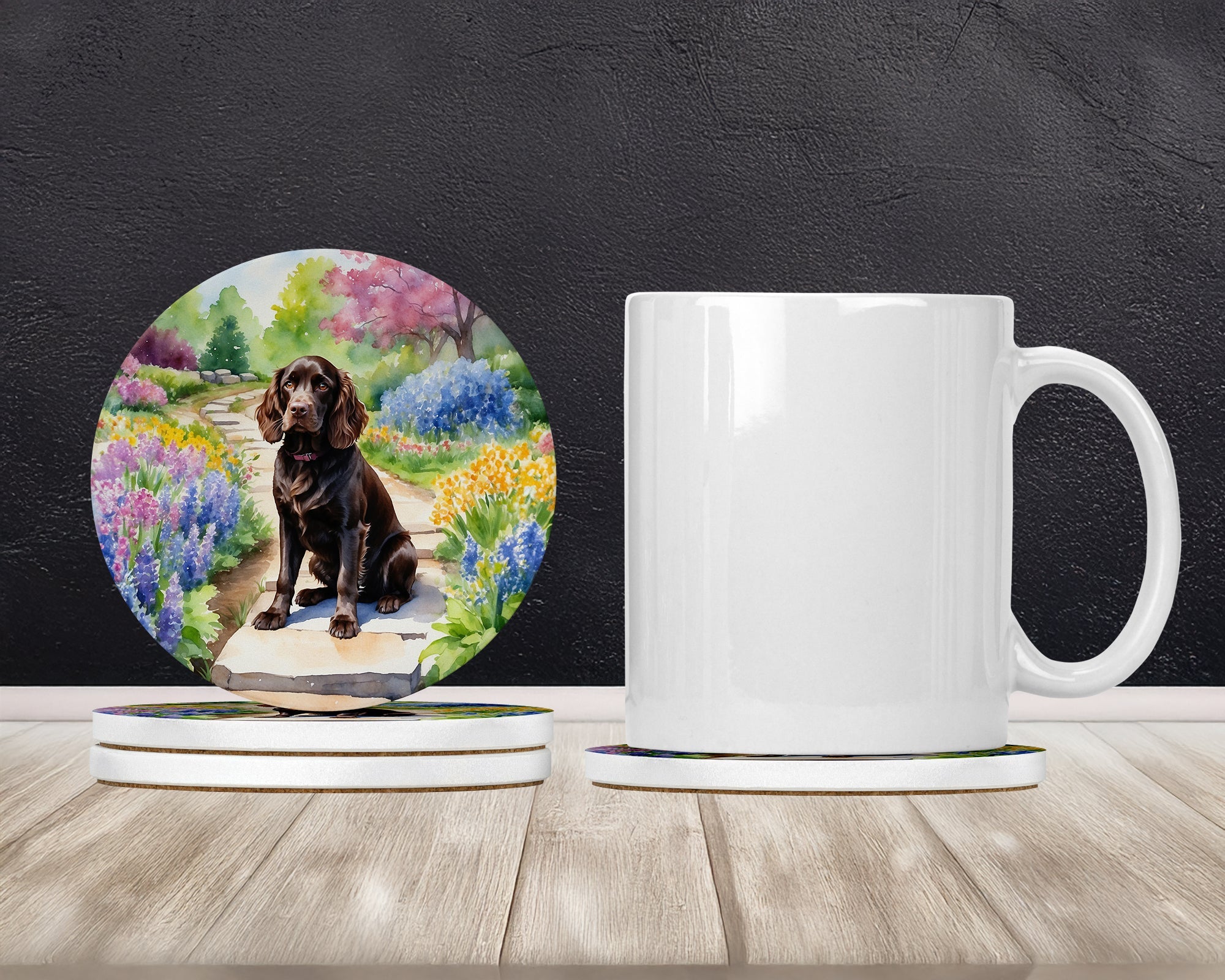Boykin Spaniel Spring Path Large Sandstone Coasters Pack of 4 Absorbent Round Coasters Decor Gifts for Men or Women, 4 in, Multicolor