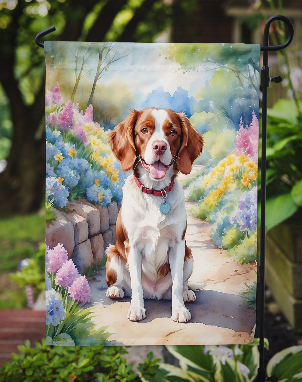 Brittany Spaniel Spring Path Garden Flag Mailbox Decorative Yard Banner Outside Patio Artwork for Flower Beds, Garden Size, Multicolor