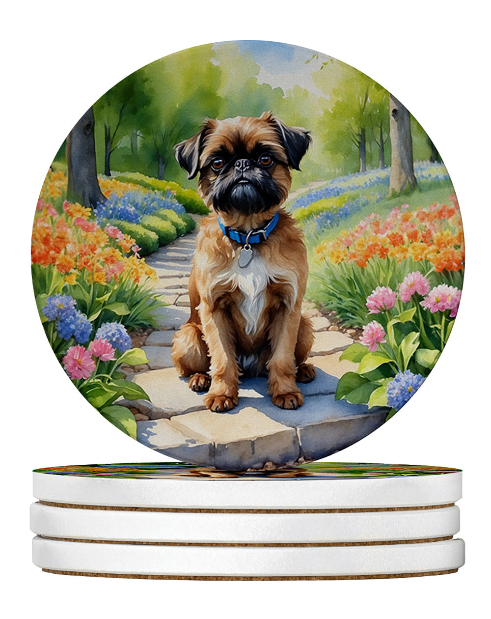 Brussels Griffon Spring Path Large Sandstone Coasters Pack of 4 Absorbent Round Coasters Decor Gifts for Men or Women, 4 in, Multicolor