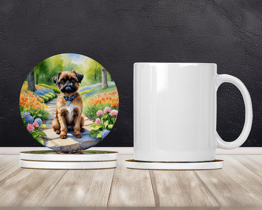 Brussels Griffon Spring Path Large Sandstone Coasters Pack of 4 Absorbent Round Coasters Decor Gifts for Men or Women, 4 in, Multicolor