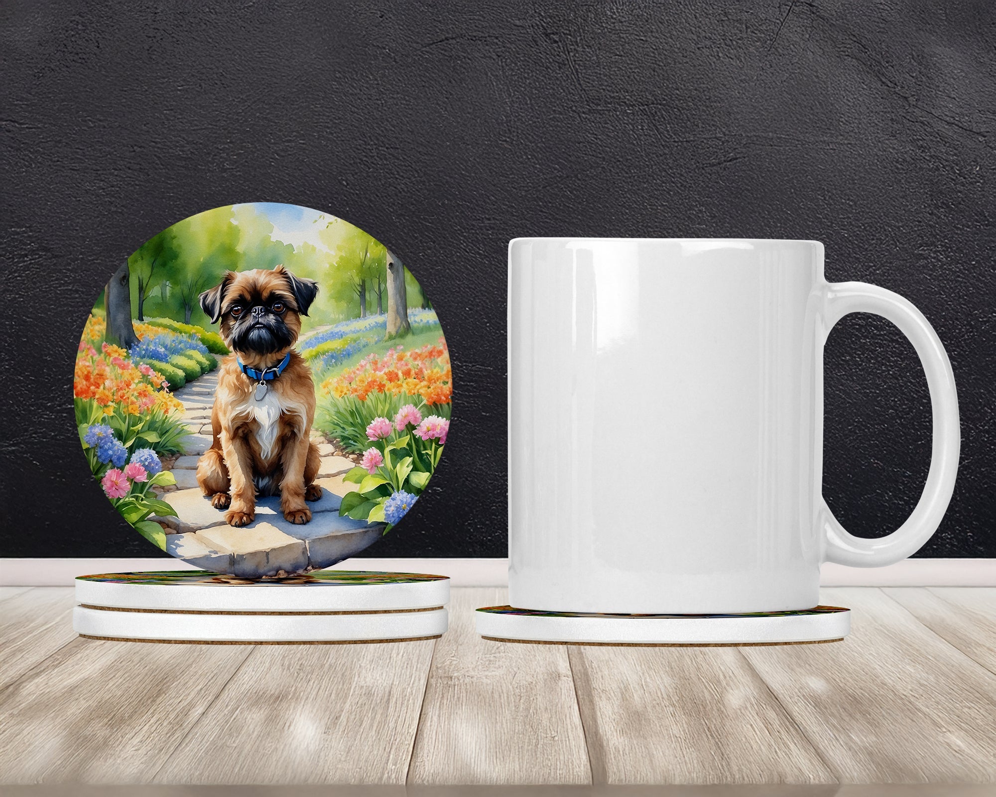 Brussels Griffon Spring Path Large Sandstone Coasters Pack of 4 Absorbent Round Coasters Decor Gifts for Men or Women, 4 in, Multicolor