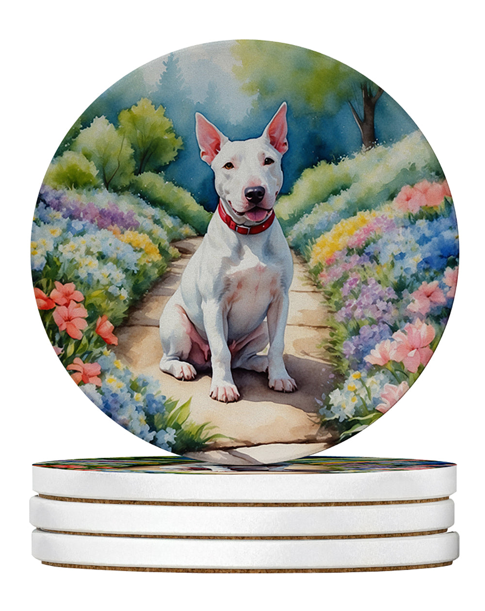 Bull Terrier Spring Path Large Sandstone Coasters Pack of 4 Absorbent Round Coasters Decor Gifts for Men or Women, 4 in, Multicolor