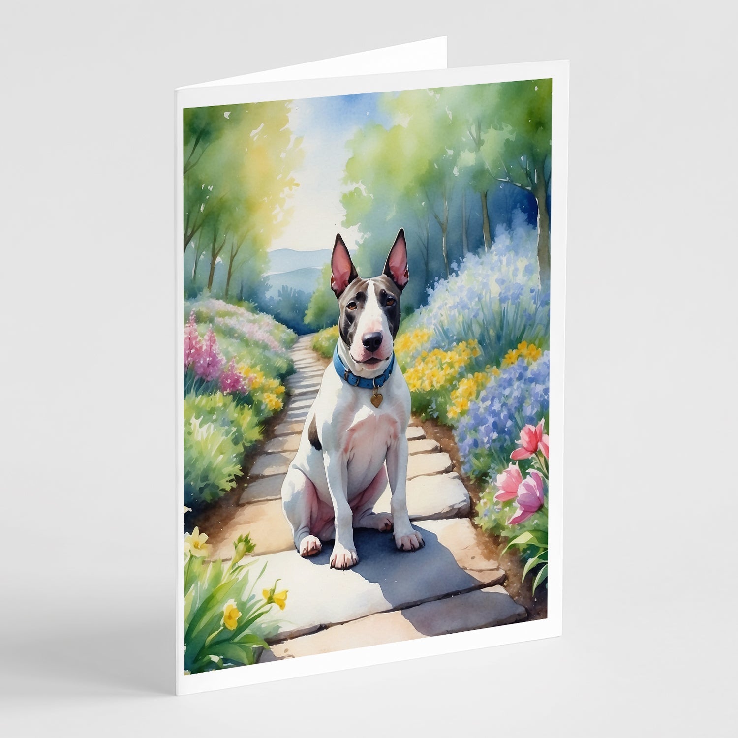 Bull Terrier Spring Path Greeting Cards Pack of 8 Blank Cards with Envelopes Whimsical A7 Size 5x7