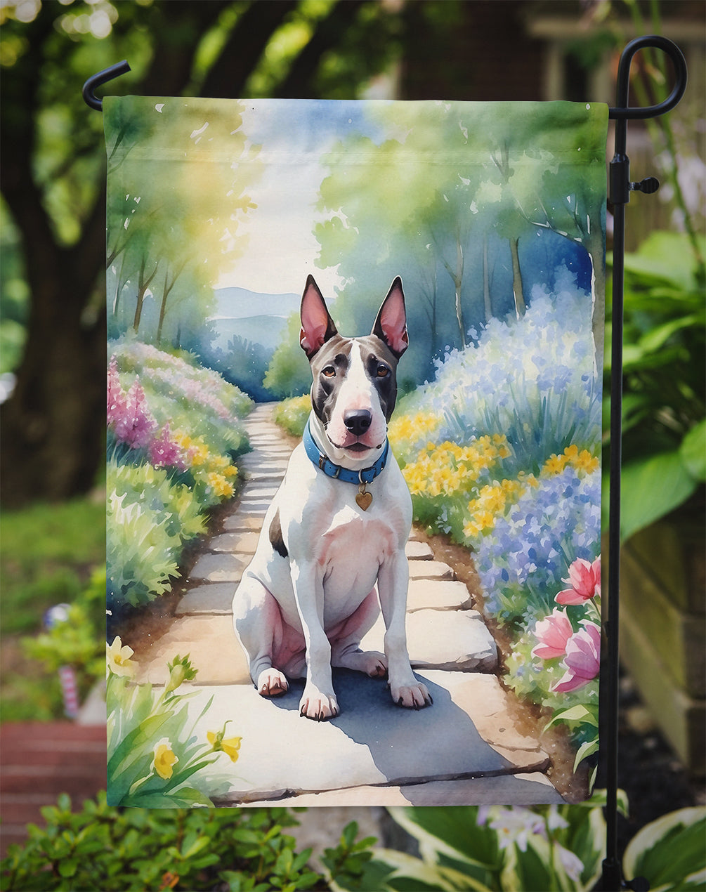 Bull Terrier Spring Path Garden Flag Mailbox Decorative Yard Banner Outside Patio Artwork for Flower Beds, Garden Size, Multicolor