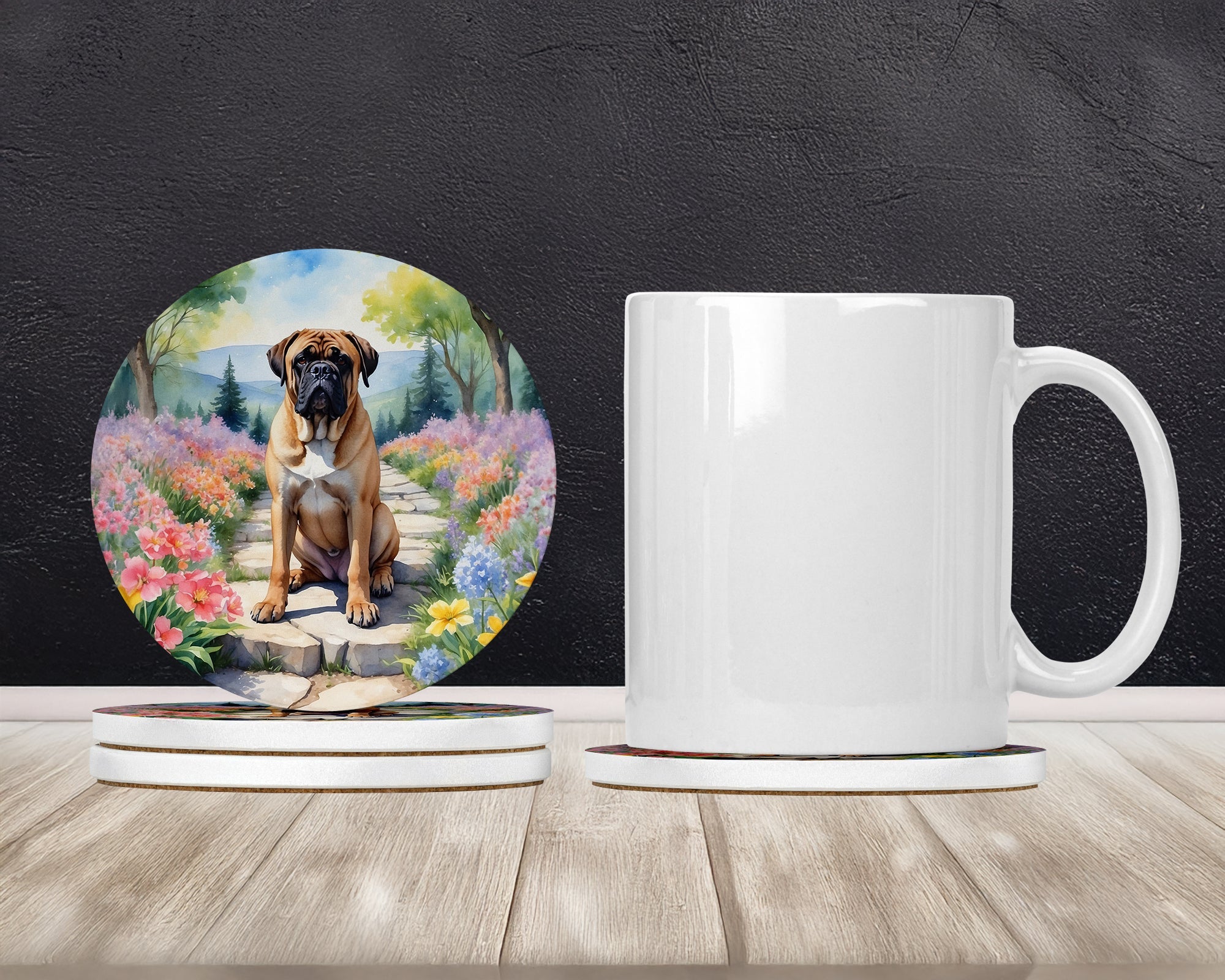 Bullmastiff Spring Path Large Sandstone Coasters Pack of 4 Absorbent Round Coasters Decor Gifts for Men or Women, 4 in, Multicolor