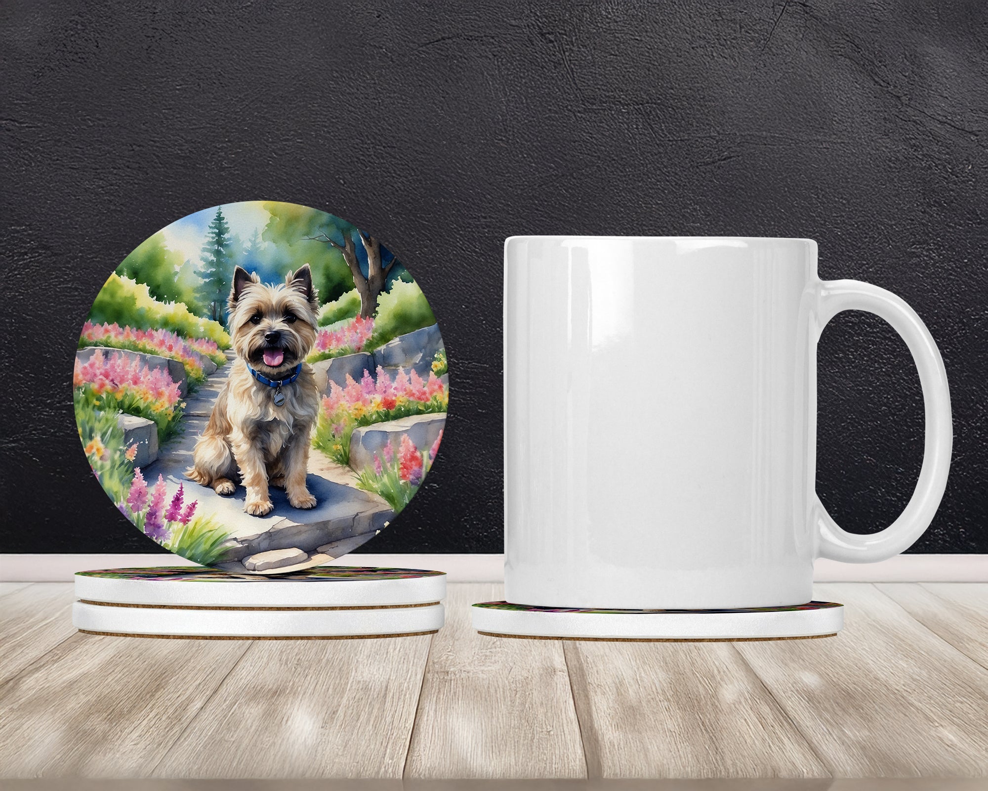Cairn Terrier Spring Path Large Sandstone Coasters Pack of 4 Absorbent Round Coasters Decor Gifts for Men or Women, 4 in, Multicolor