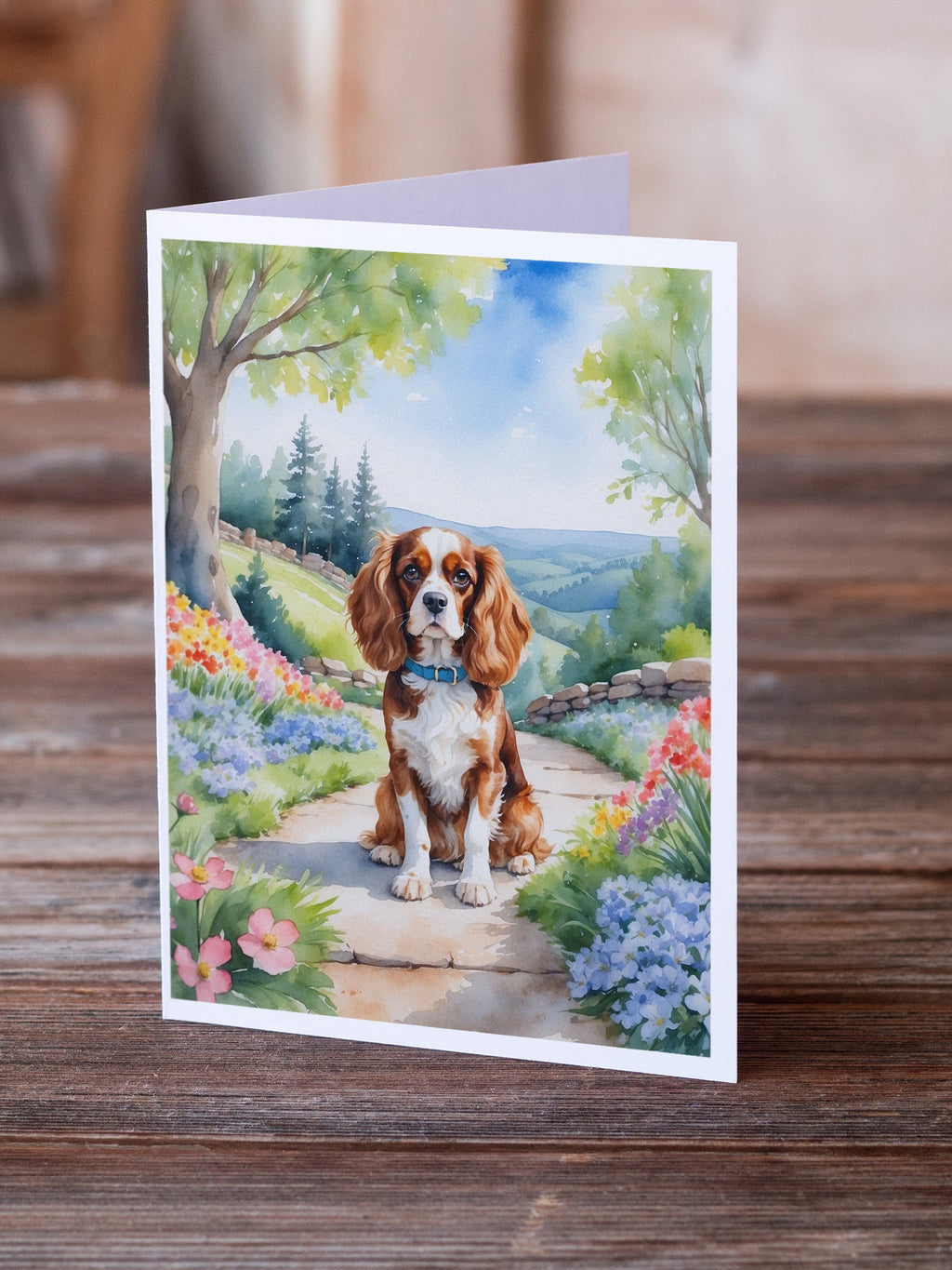 Cavalier Spaniel Spring Path Greeting Cards Pack of 8 Blank Cards with Envelopes Whimsical A7 Size 5x7