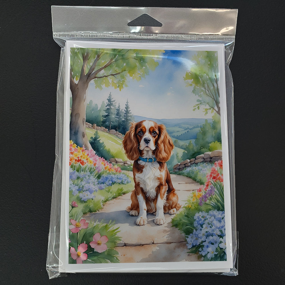 Cavalier Spaniel Spring Path Greeting Cards Pack of 8 Blank Cards with Envelopes Whimsical A7 Size 5x7
