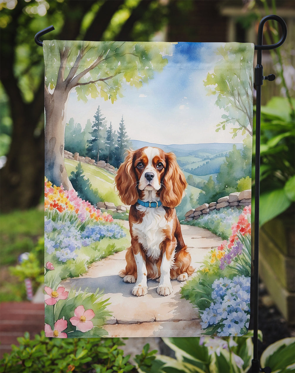 Cavalier Spaniel Spring Path Garden Flag Mailbox Decorative Yard Banner Outside Patio Artwork for Flower Beds, Garden Size, Multicolor