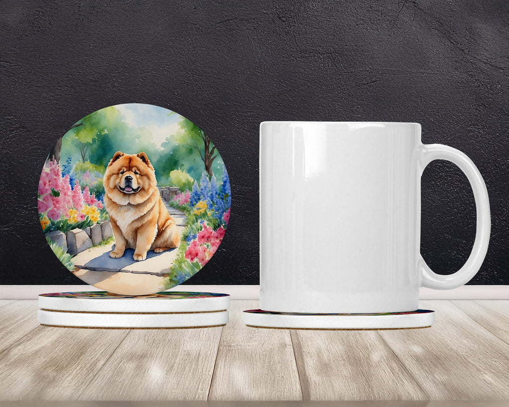 Chow Chow Spring Path Large Sandstone Coasters Pack of 4 Absorbent Round Coasters Decor Gifts for Men or Women, 4 in, Multicolor