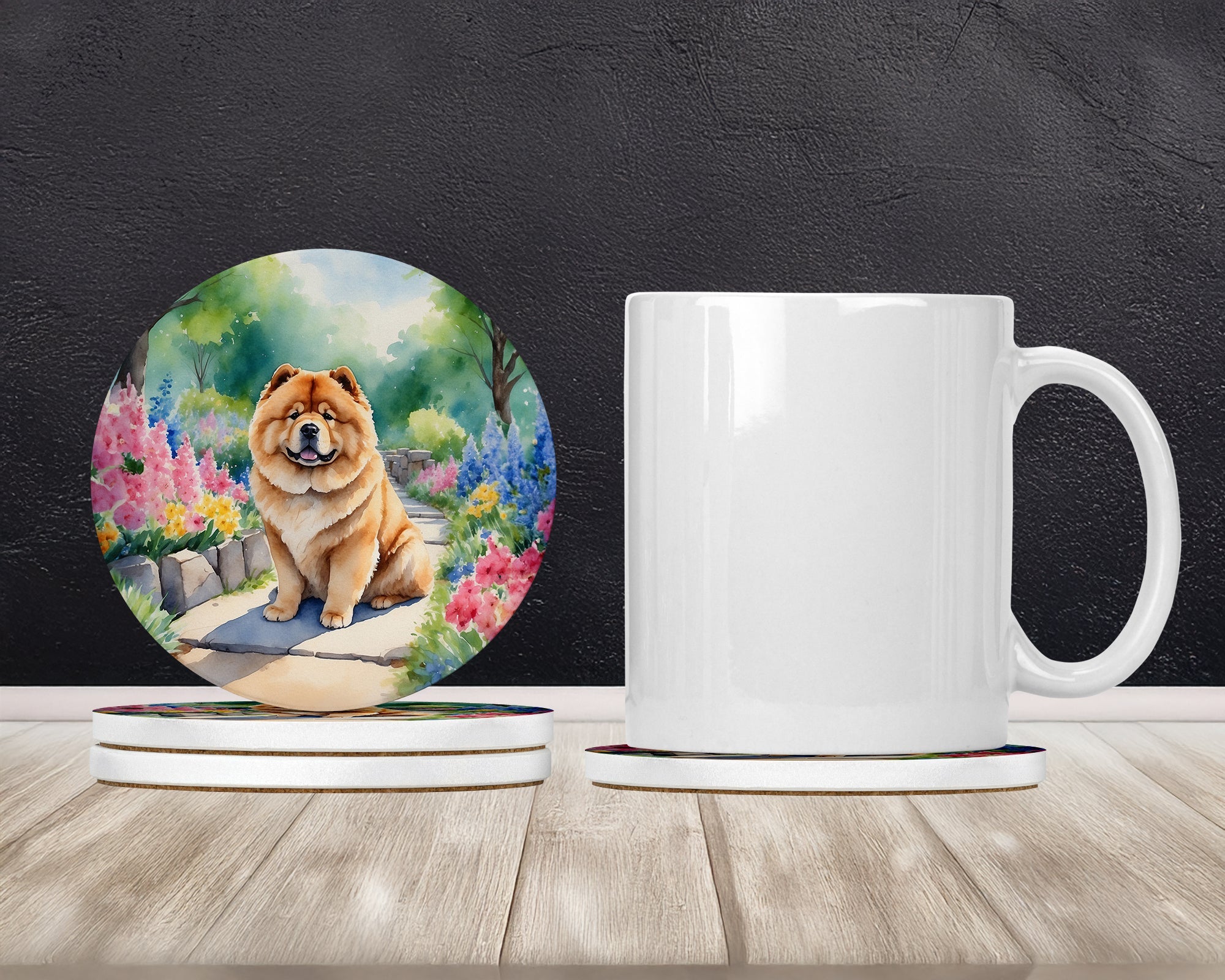Chow Chow Spring Path Large Sandstone Coasters Pack of 4 Absorbent Round Coasters Decor Gifts for Men or Women, 4 in, Multicolor