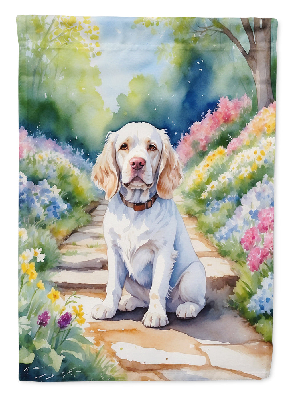 Clumber Spaniel Spring Path House Flag 28x40 Porch Sleeve Pole Decorative Outside Yard Banner Artwork Wall Hanging, Polyester