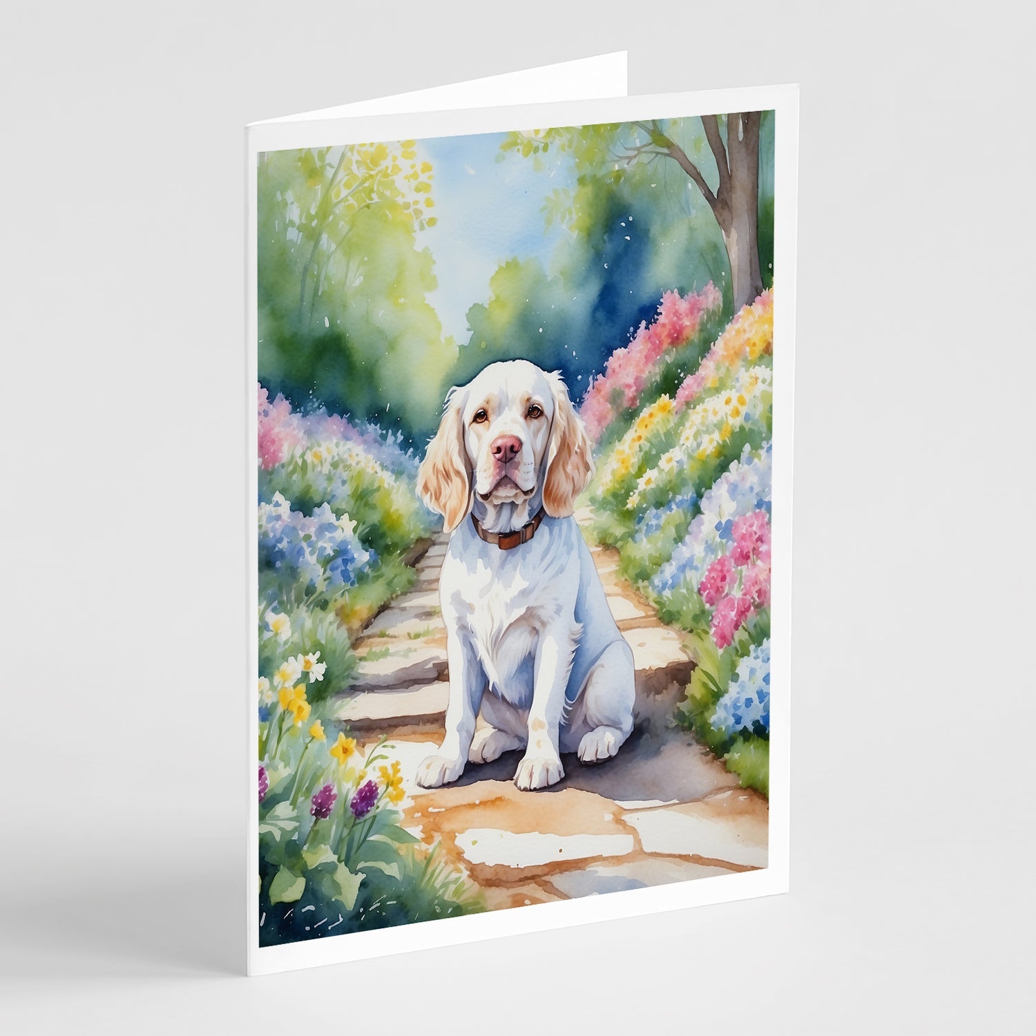 Clumber Spaniel Spring Path Greeting Cards Pack of 8 Blank Cards with Envelopes Whimsical A7 Size 5x7