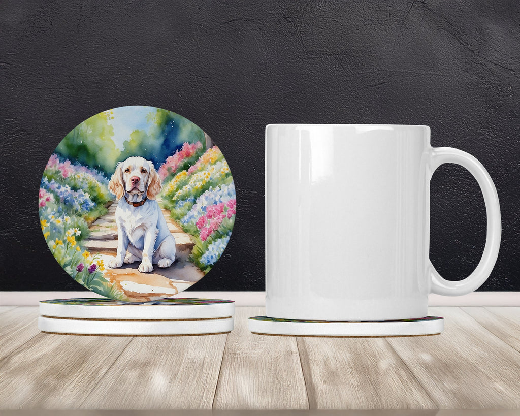 Clumber Spaniel Spring Path Large Sandstone Coasters Pack of 4 Absorbent Round Coasters Decor Gifts for Men or Women, 4 in, Multicolor