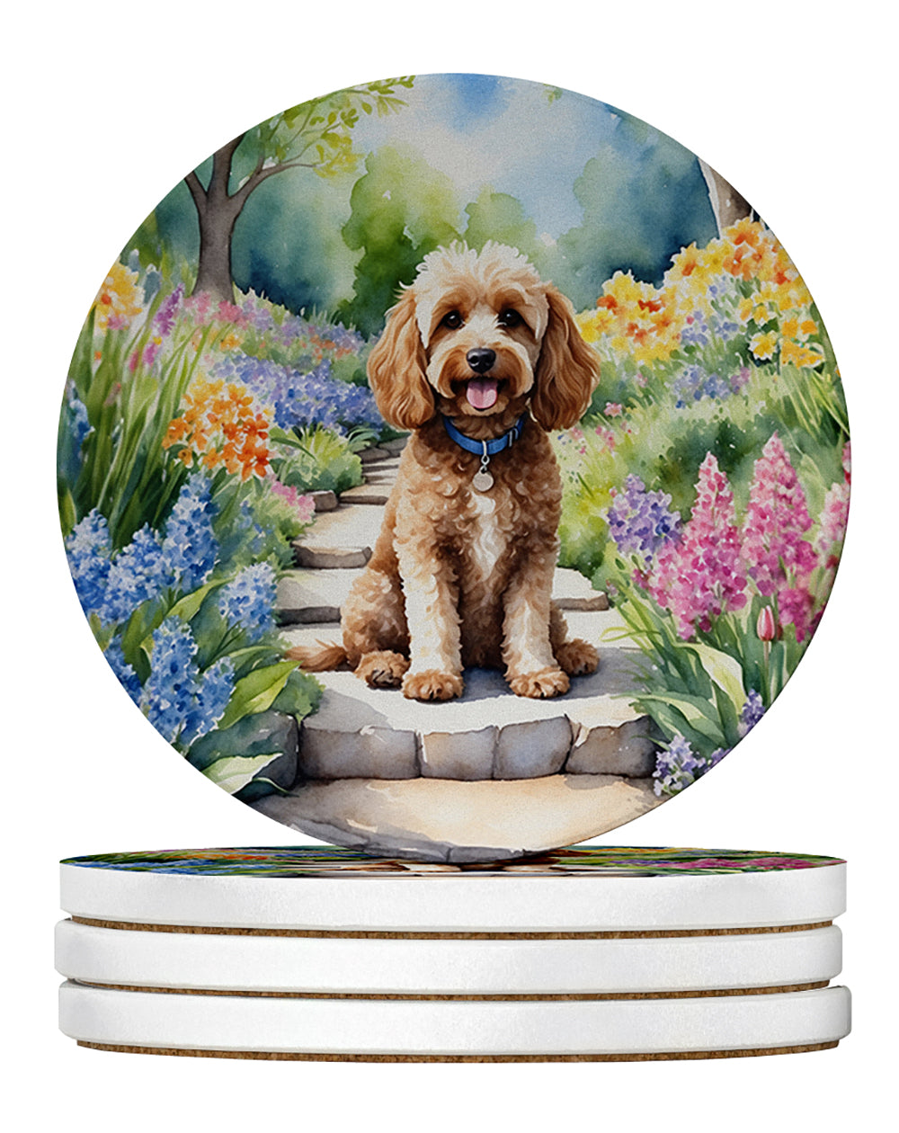 Cockapoo Spring Path Large Sandstone Coasters Pack of 4 Absorbent Round Coasters Decor Gifts for Men or Women, 4 in, Multicolor