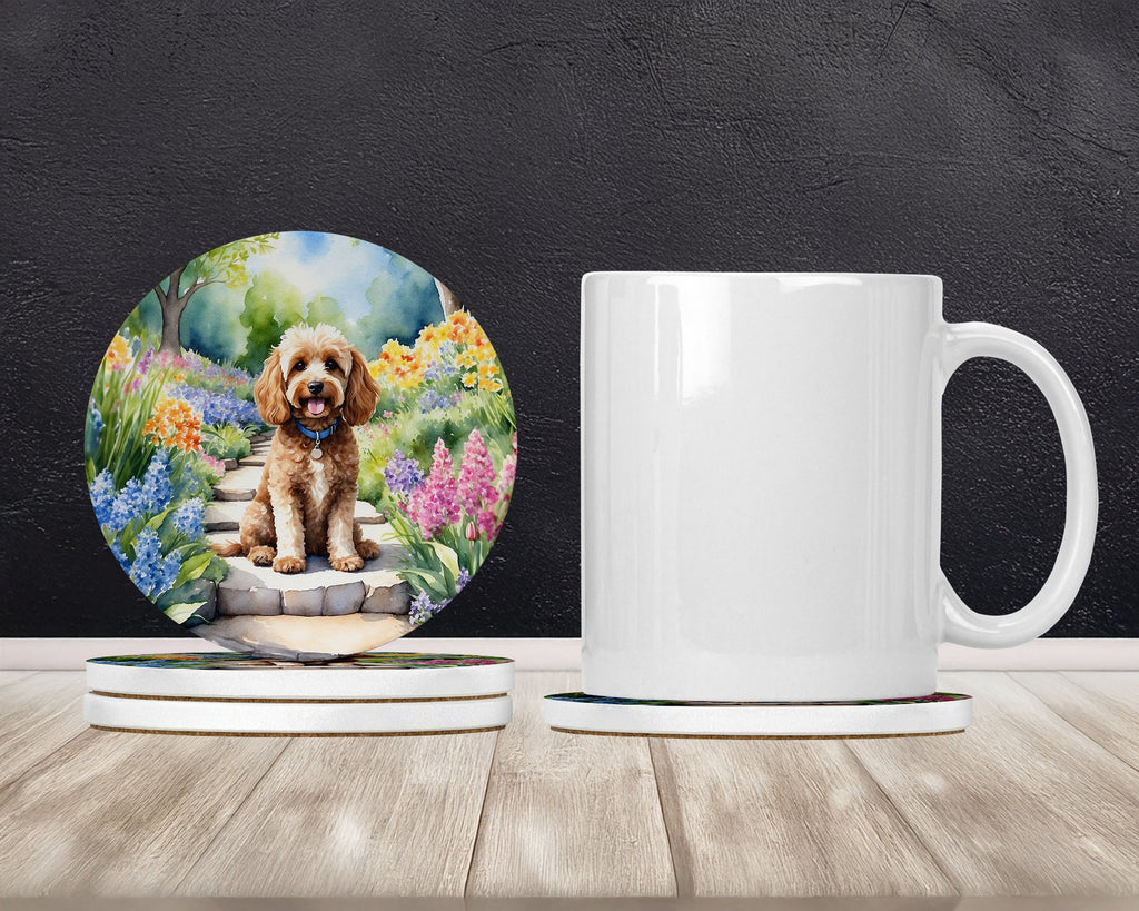 Cockapoo Spring Path Large Sandstone Coasters Pack of 4 Absorbent Round Coasters Decor Gifts for Men or Women, 4 in, Multicolor