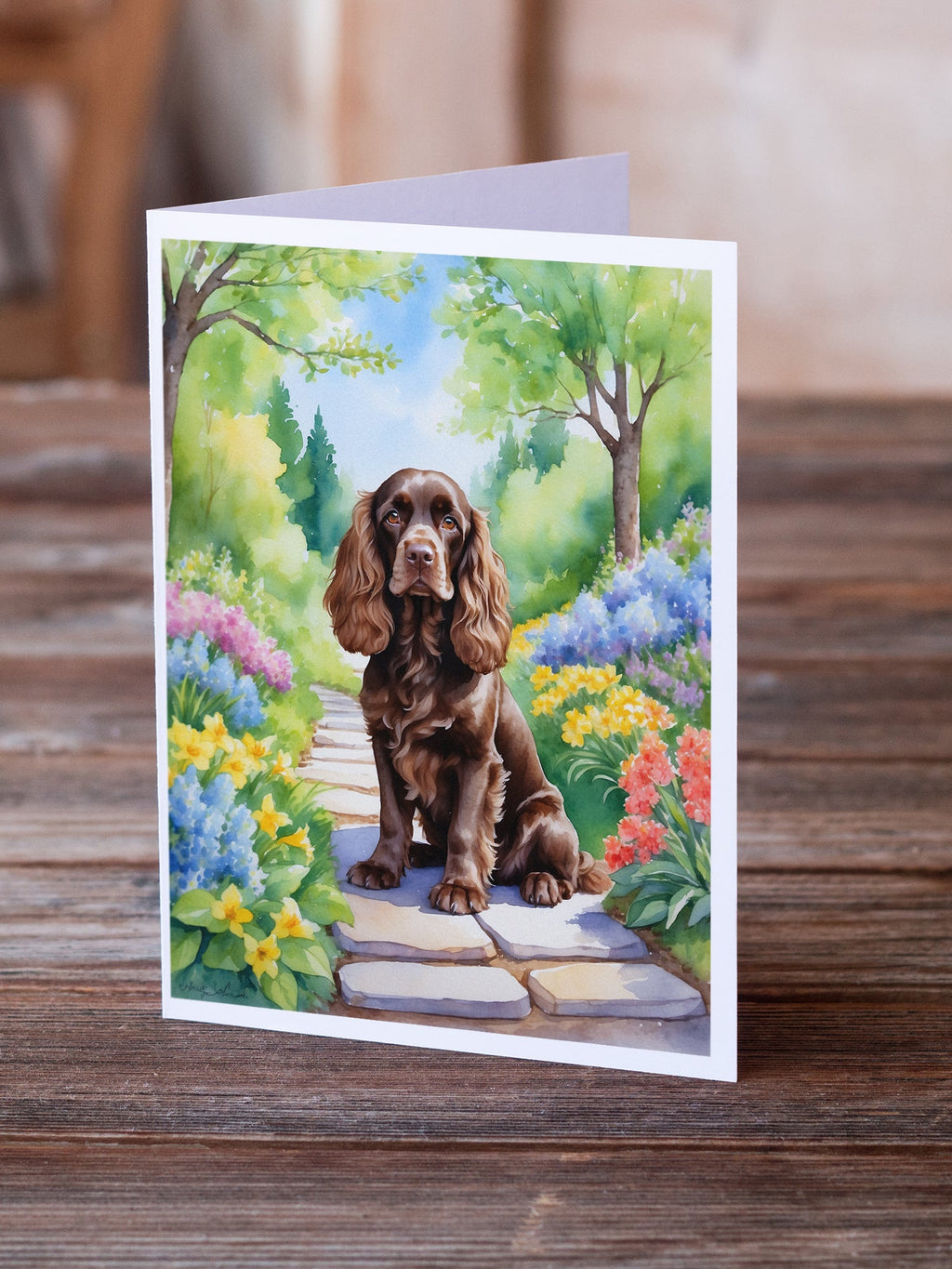 Cocker Spaniel Spring Path Greeting Cards Pack of 8 Blank Cards with Envelopes Whimsical A7 Size 5x7