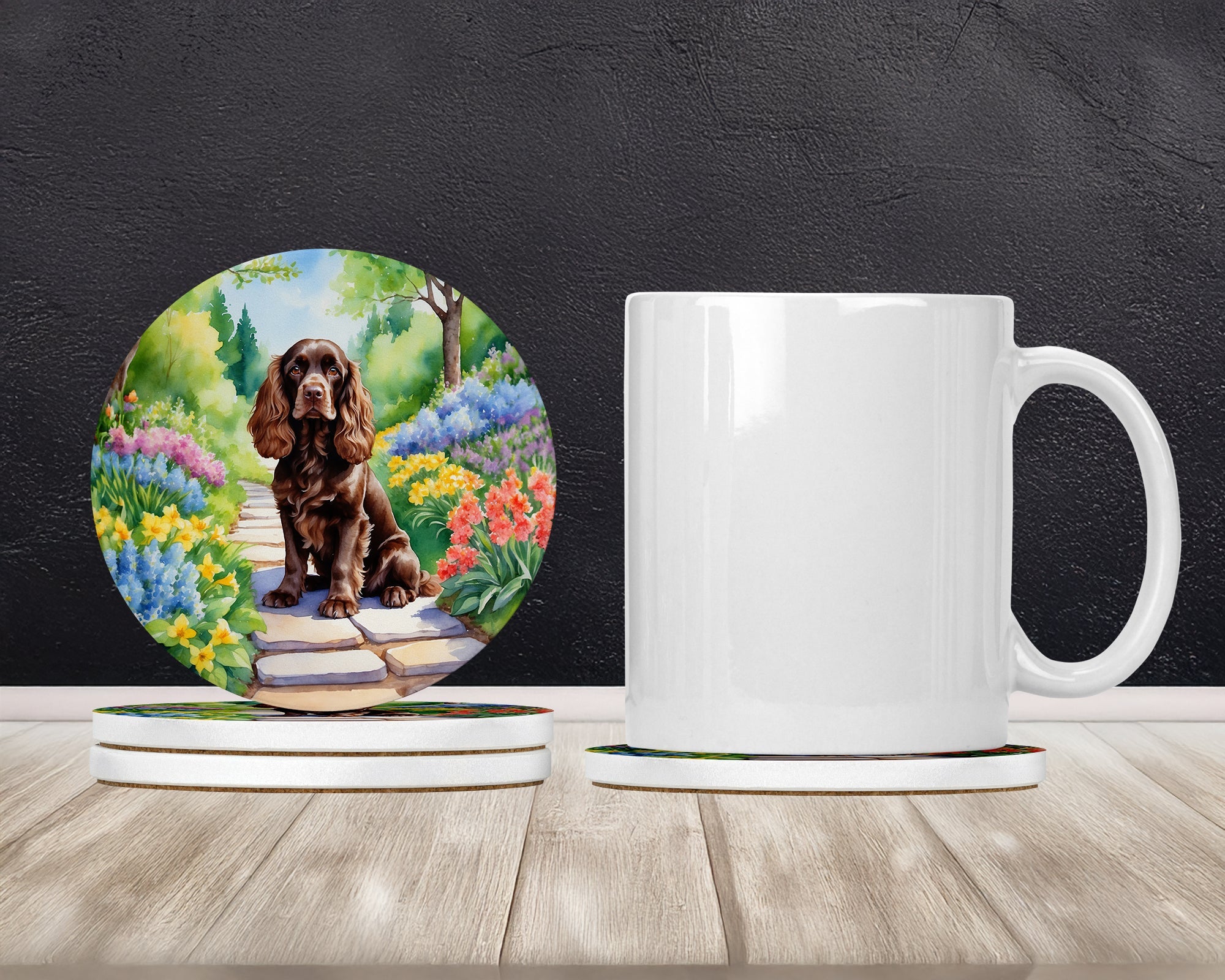 Cocker Spaniel Spring Path Large Sandstone Coasters Pack of 4 Absorbent Round Coasters Decor Gifts for Men or Women, 4 in, Multicolor