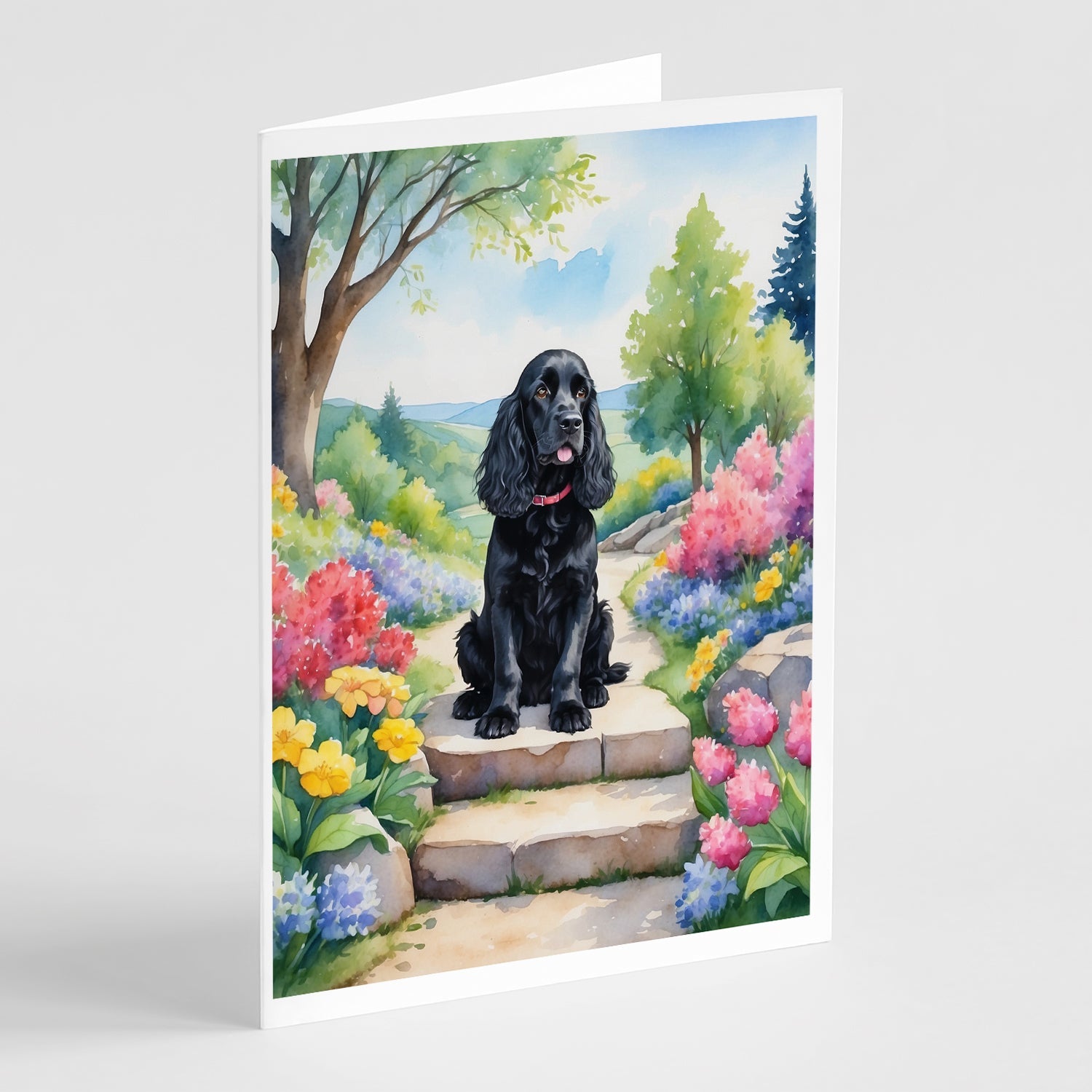 Cocker Spaniel Spring Path Greeting Cards Pack of 8 Blank Cards with Envelopes Whimsical A7 Size 5x7