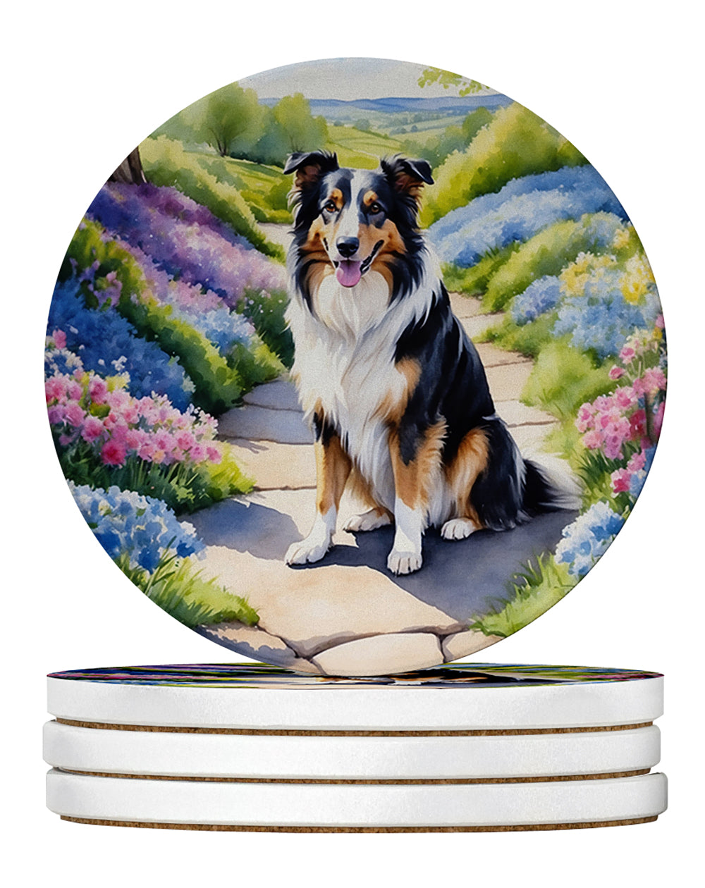 Collie Spring Path Large Sandstone Coasters Pack of 4 Absorbent Round Coasters Decor Gifts for Men or Women, 4 in, Multicolor