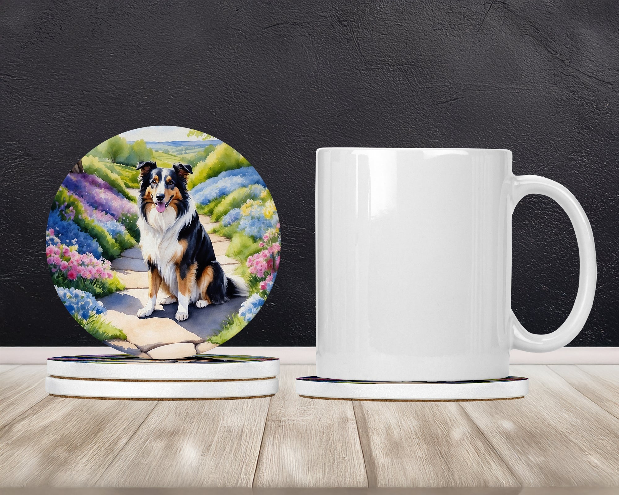 Collie Spring Path Large Sandstone Coasters Pack of 4 Absorbent Round Coasters Decor Gifts for Men or Women, 4 in, Multicolor