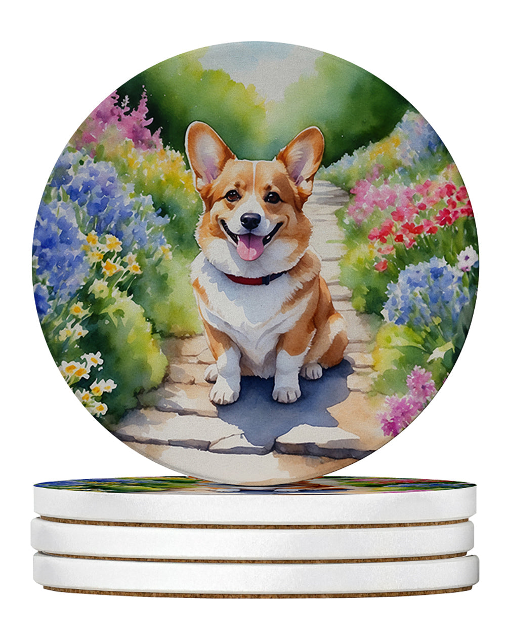 Corgi Spring Path Large Sandstone Coasters Pack of 4 Absorbent Round Coasters Decor Gifts for Men or Women, 4 in, Multicolor