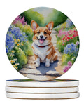 Corgi Spring Path Large Sandstone Coasters Pack of 4 Absorbent Round Coasters Decor Gifts for Men or Women, 4 in, Multicolor