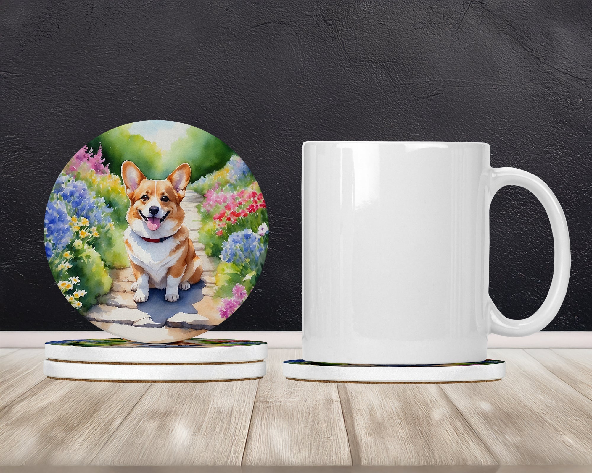 Corgi Spring Path Large Sandstone Coasters Pack of 4 Absorbent Round Coasters Decor Gifts for Men or Women, 4 in, Multicolor