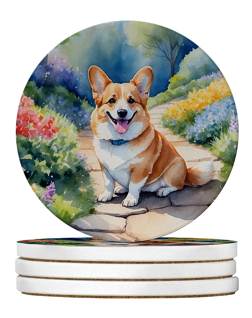 Corgi Spring Path Large Sandstone Coasters Pack of 4 Absorbent Round Coasters Decor Gifts for Men or Women, 4 in, Multicolor