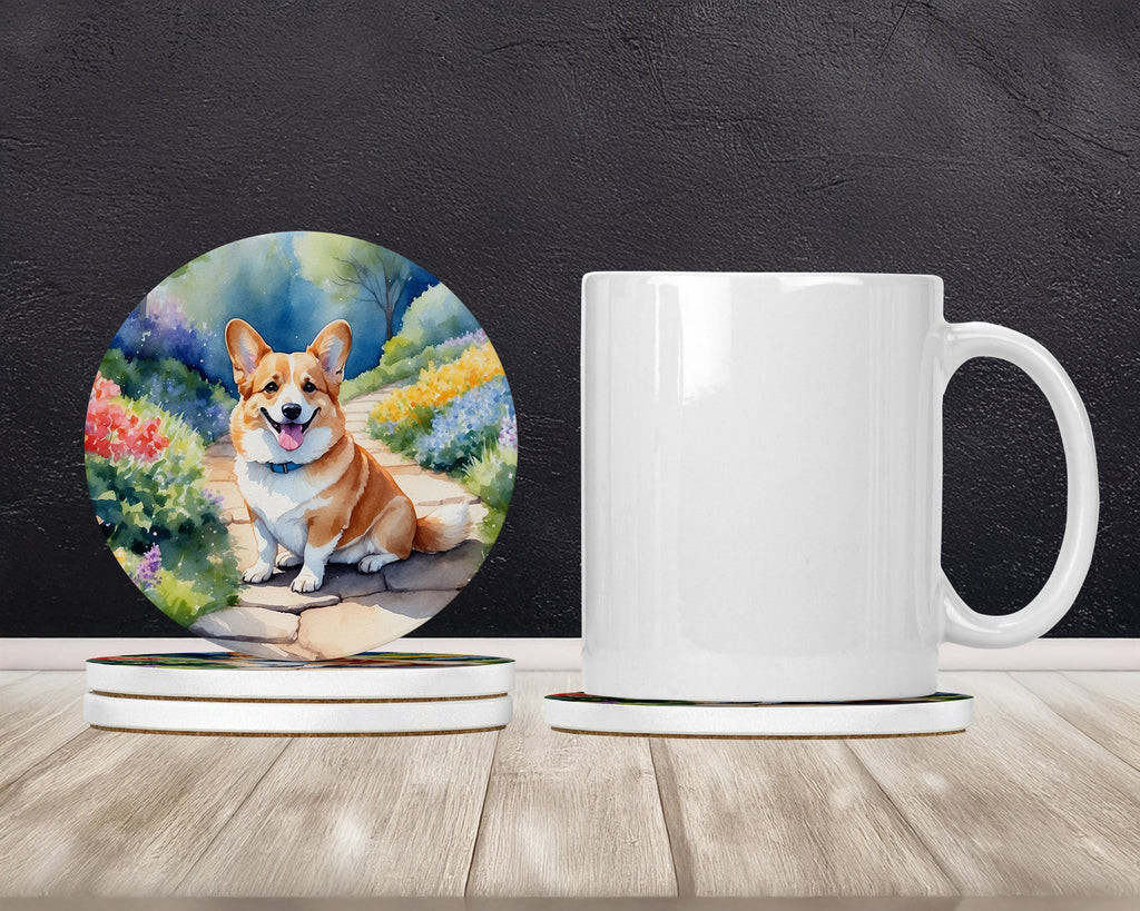 Corgi Spring Path Large Sandstone Coasters Pack of 4 Absorbent Round Coasters Decor Gifts for Men or Women, 4 in, Multicolor