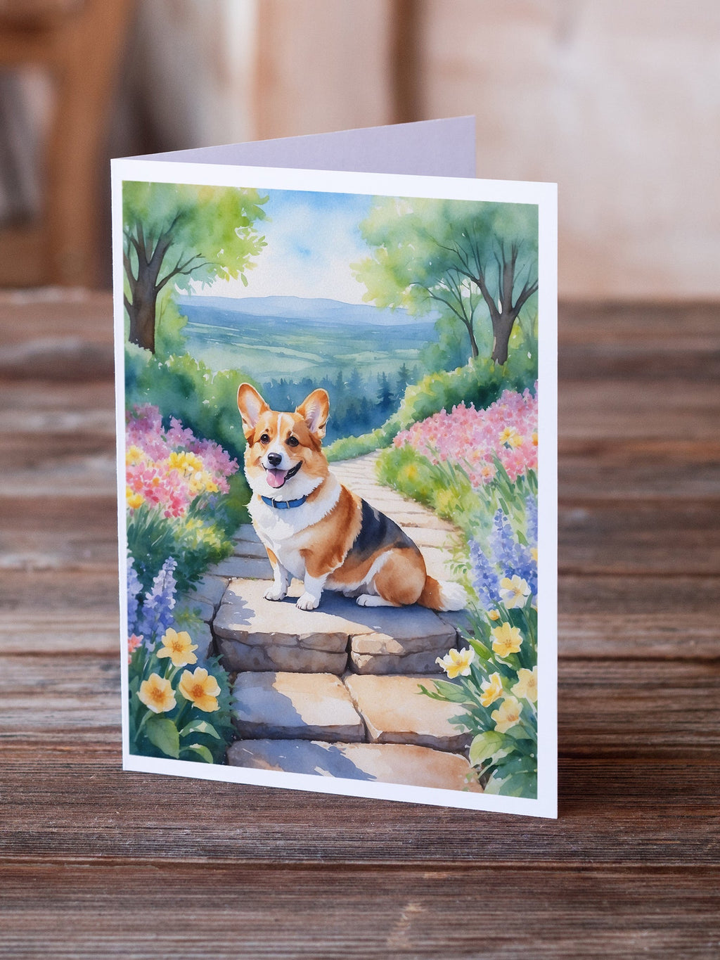 Corgi Spring Path Greeting Cards Pack of 8 Blank Cards with Envelopes Whimsical A7 Size 5x7