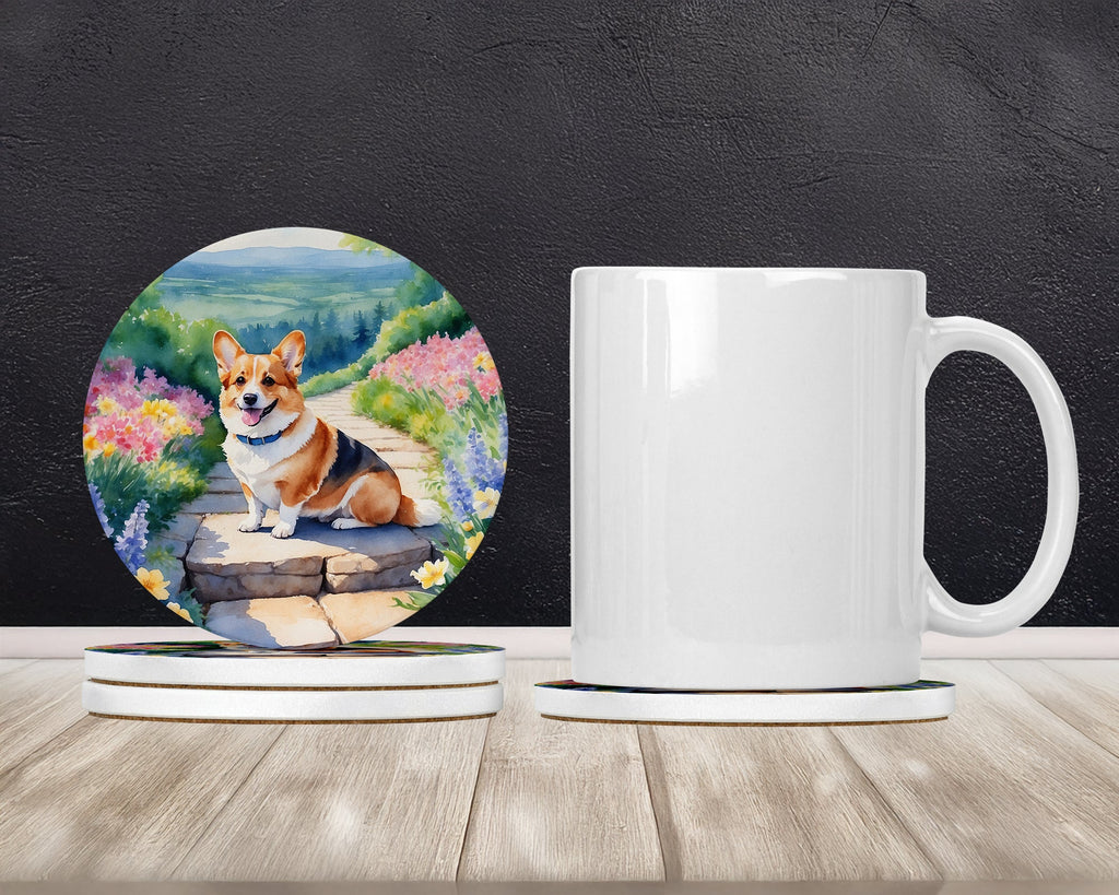 Corgi Spring Path Large Sandstone Coasters Pack of 4 Absorbent Round Coasters Decor Gifts for Men or Women, 4 in, Multicolor