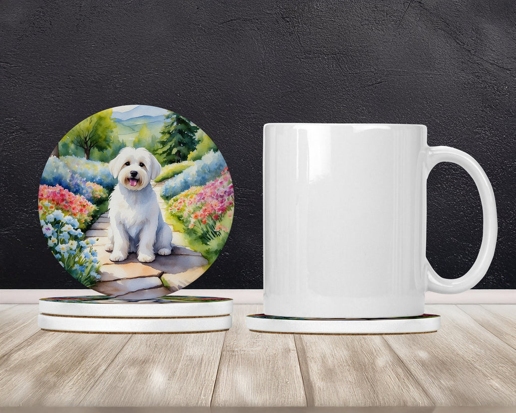 Coton de Tulear Spring Path Large Sandstone Coasters Pack of 4 Absorbent Round Coasters Decor Gifts for Men or Women, 4 in, Multicolor