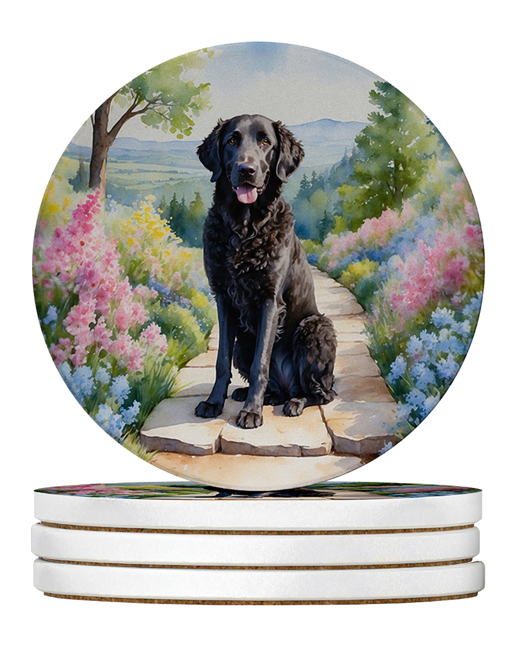 Curly-Coated Retriever Spring Path Large Sandstone Coasters Pack of 4 Absorbent Round Coasters Decor Gifts for Men or Women, 4 in, Multicolor