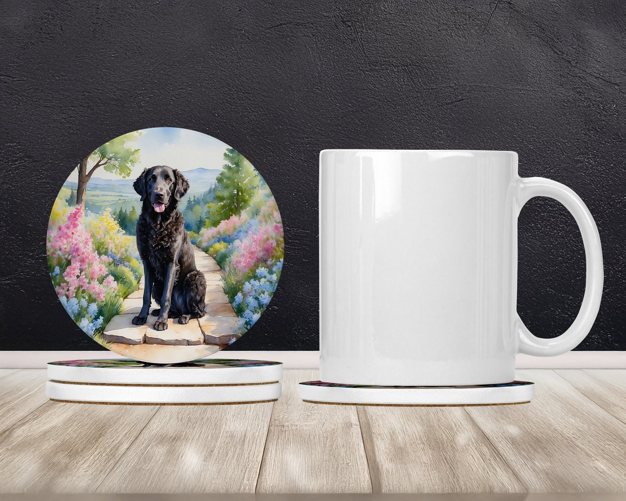 Curly-Coated Retriever Spring Path Large Sandstone Coasters Pack of 4 Absorbent Round Coasters Decor Gifts for Men or Women, 4 in, Multicolor