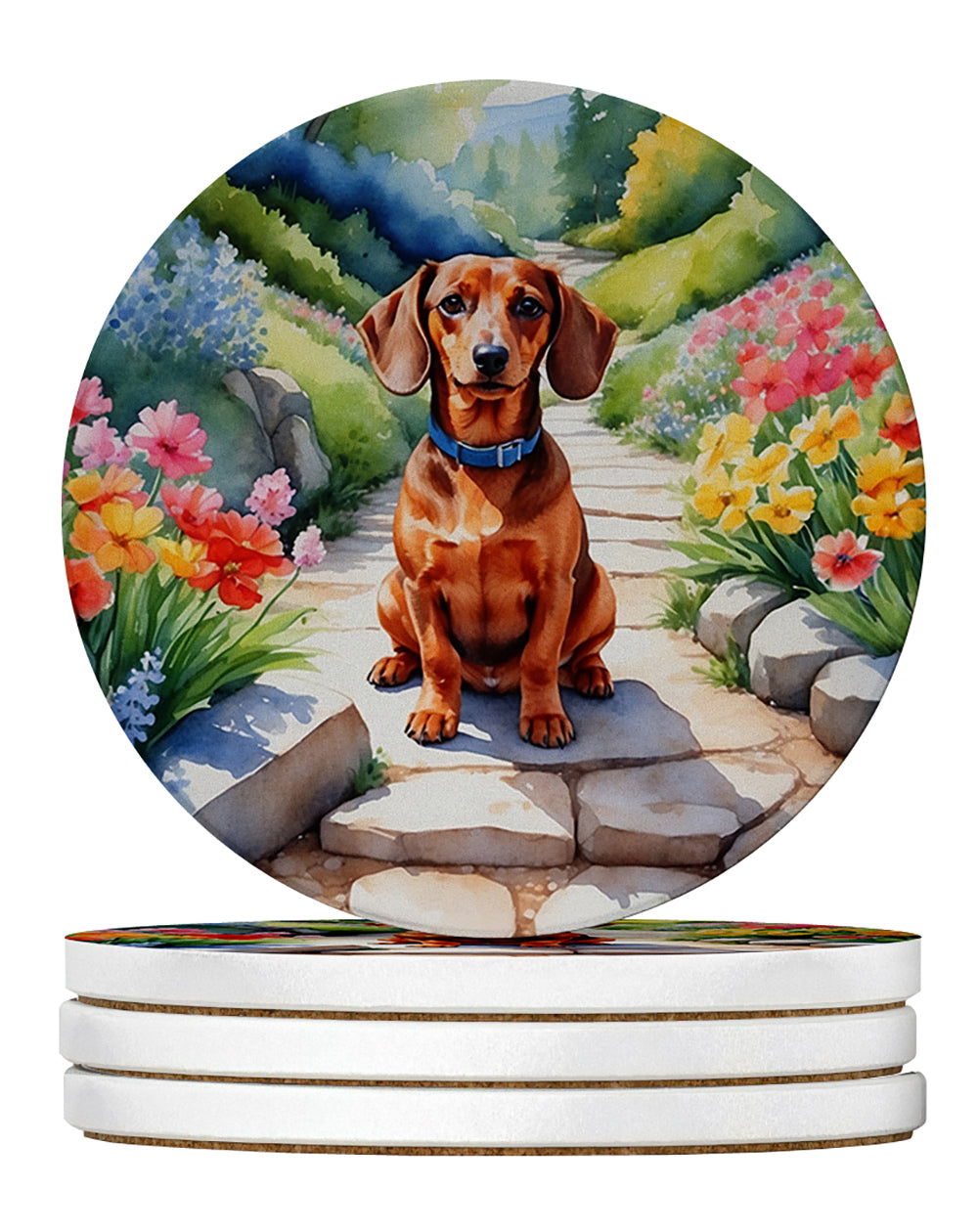 Dachshund Spring Path Large Sandstone Coasters Pack of 4 Absorbent Round Coasters Decor Gifts for Men or Women, 4 in, Multicolor