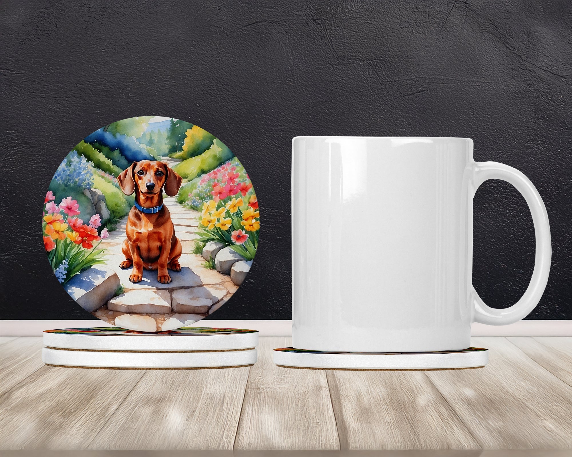 Dachshund Spring Path Large Sandstone Coasters Pack of 4 Absorbent Round Coasters Decor Gifts for Men or Women, 4 in, Multicolor