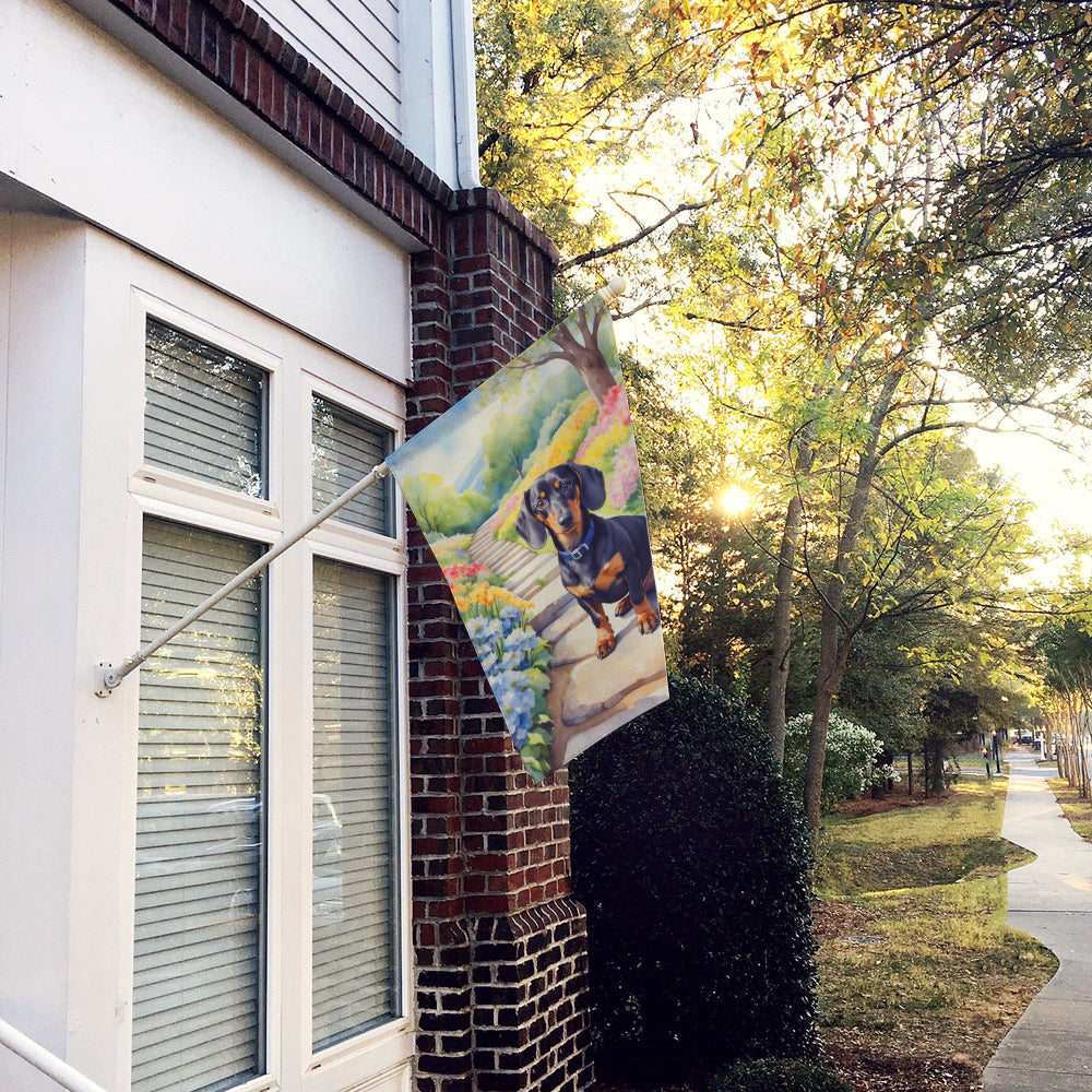 Dachshund Spring Path House Flag 28x40 Porch Sleeve Pole Decorative Outside Yard Banner Artwork Wall Hanging, Polyester