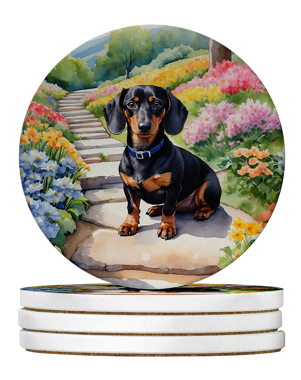 Dachshund Spring Path Large Sandstone Coasters Pack of 4 Absorbent Round Coasters Decor Gifts for Men or Women, 4 in, Multicolor