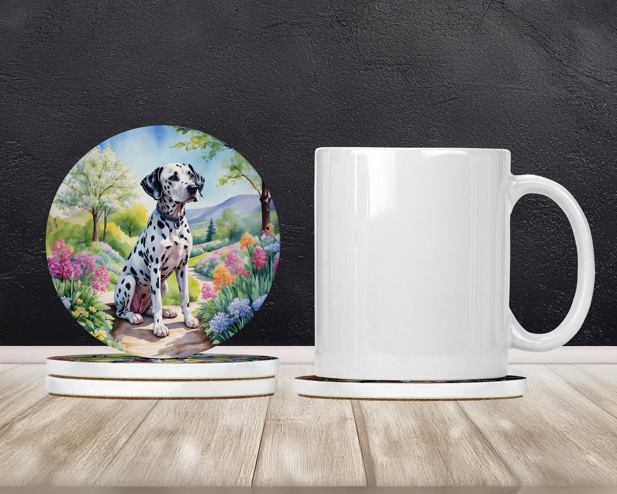 Dalmatian Spring Path Large Sandstone Coasters Pack of 4 Absorbent Round Coasters Decor Gifts for Men or Women, 4 in, Multicolor