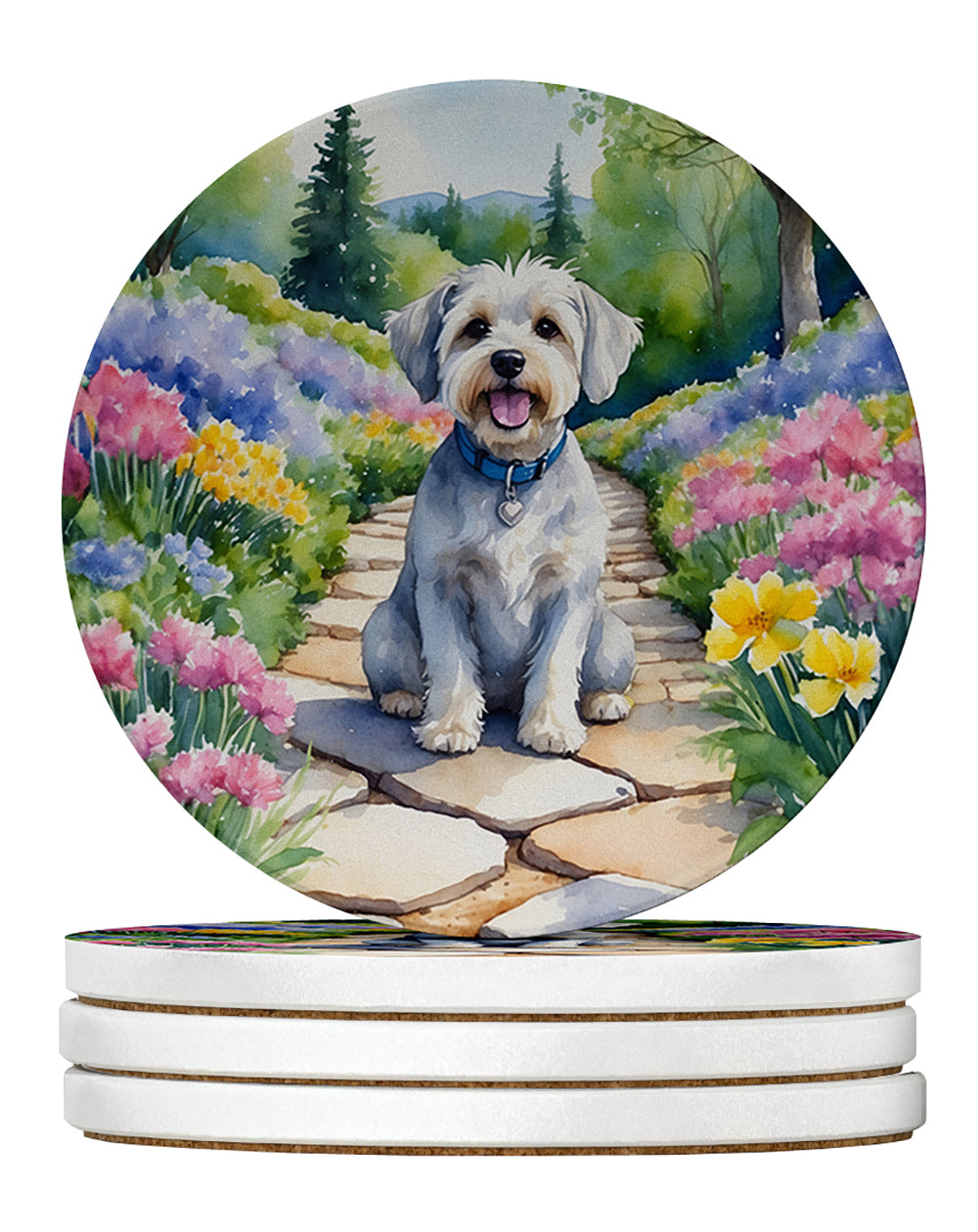 Dandie Dinmont Terrier Spring Path Large Sandstone Coasters Pack of 4 Absorbent Round Coasters Decor Gifts for Men or Women, 4 in, Multicolor
