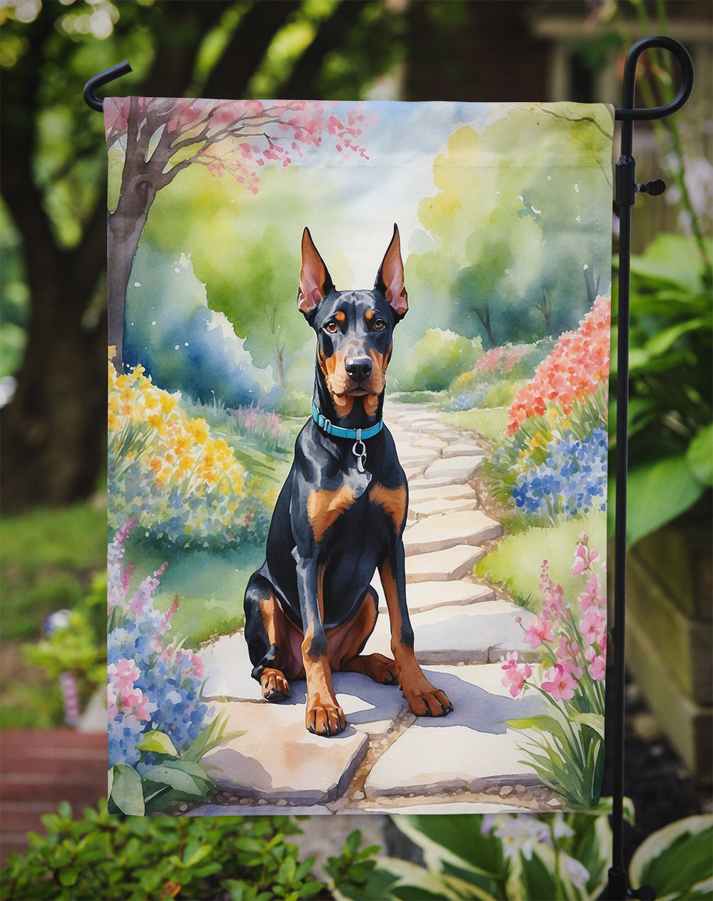 Doberman Pinscher Spring Path Garden Flag Mailbox Decorative Yard Banner Outside Patio Artwork for Flower Beds, Garden Size, Multicolor