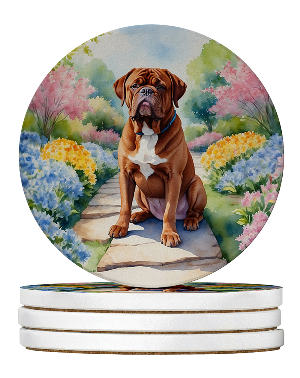 Dogue de Bordeaux Spring Path Large Sandstone Coasters Pack of 4 Absorbent Round Coasters Decor Gifts for Men or Women, 4 in, Multicolor