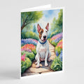 English Bull Terrier Spring Path Greeting Cards Pack of 8 Blank Cards with Envelopes Whimsical A7 Size 5x7